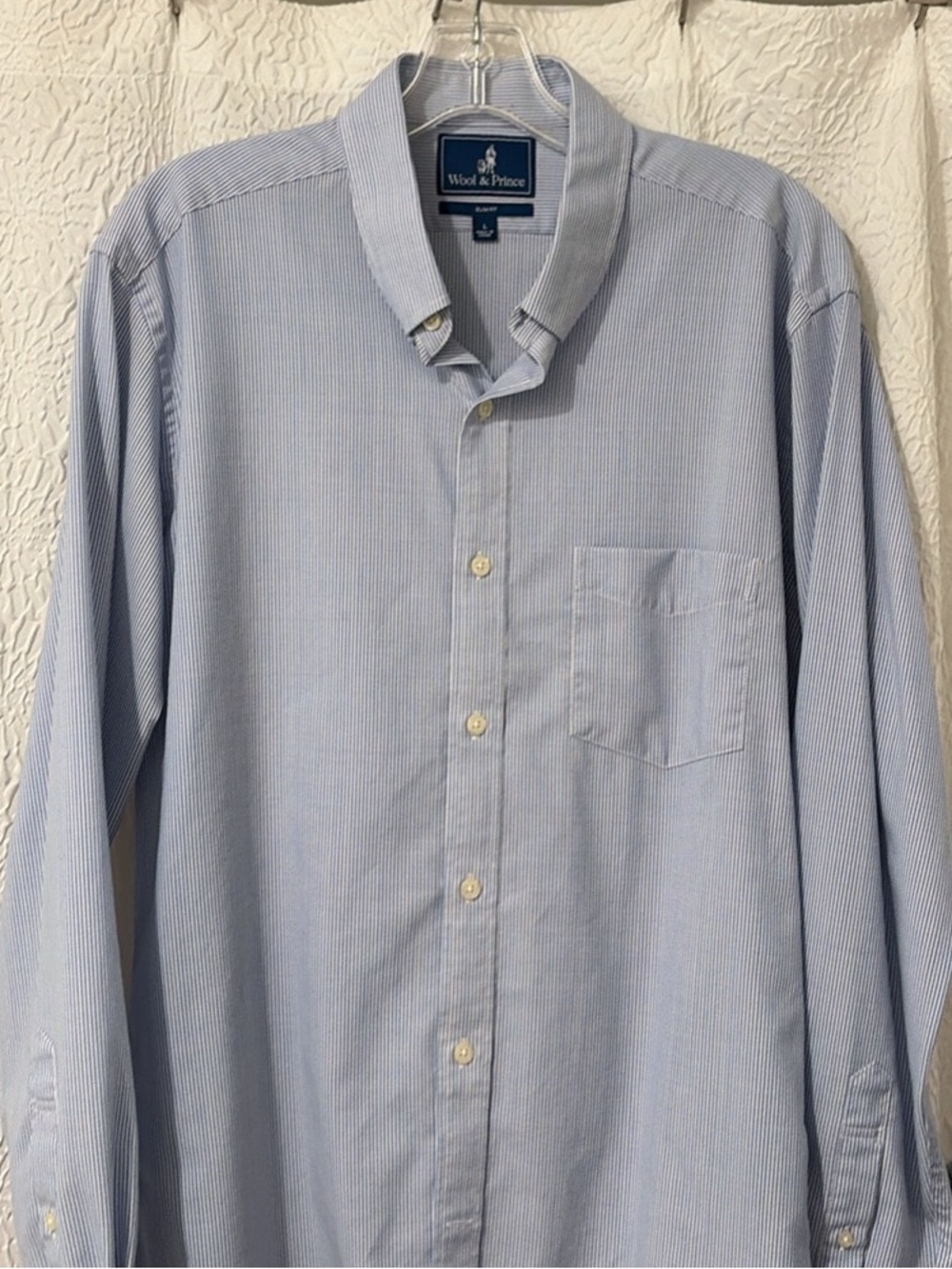 Wool & Prince Sim Fit Button Down Blue Pinstripe Men's 100% Wool Shirt Size L